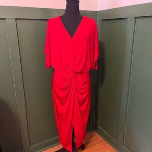 Red Knot-Front V-Neck Midi Dress